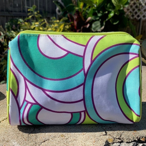 Clinique retro teal and lime green print zippered make up bag - Picture 2 of 7